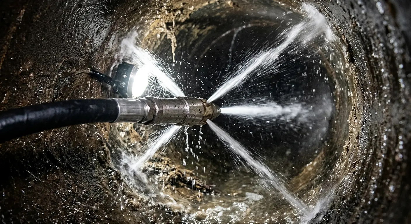 High-pressure hydro jetting nozzle cleaning sewer pipe for Trenchless Sewer Repair in Little Egg Harbor