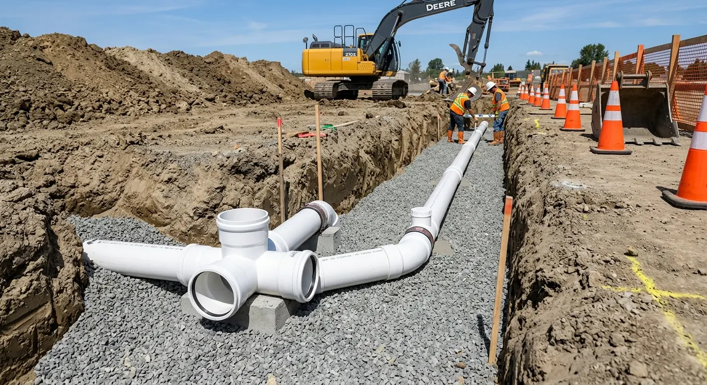 New PVC sewer pipe installation in open trench for Sewer Backup in Little Egg Harbor
