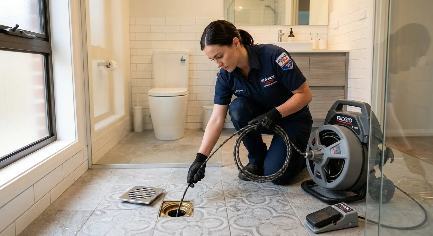 Technician clearing a bathroom floor drain for Clogged Drain Repair in Little Egg Harbor